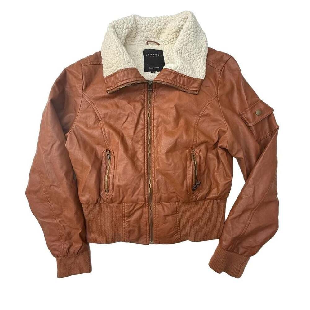 Therapy by Lane Crawford Brown Faux Leather Bomber Jacket with Sherpa Collar